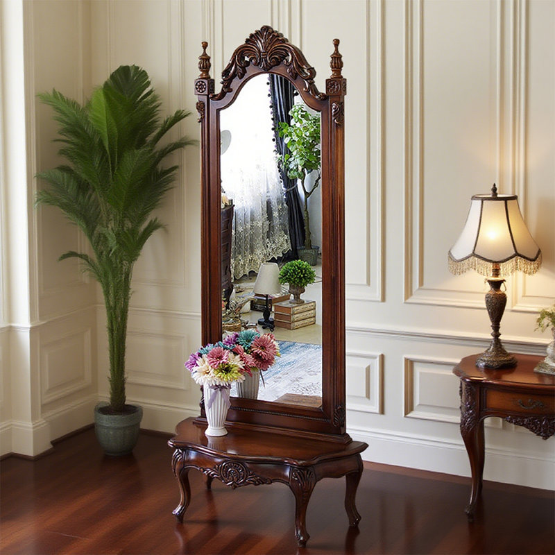 American-Style Vintage Maple Full-Length Mirror With Base