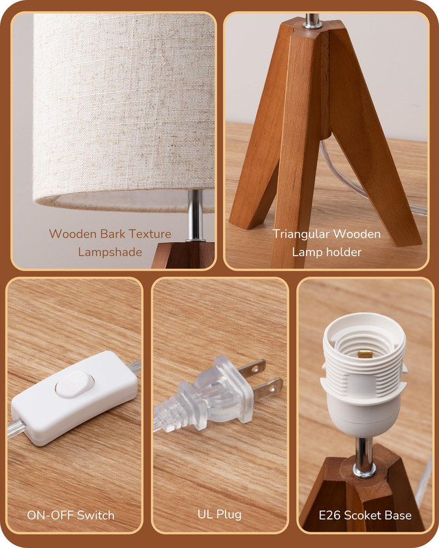 Petite lampe de table à trépied en bois 14,2 "pour chambre à coucher, lampe de chevet Boho avec abat-jour beige en lin