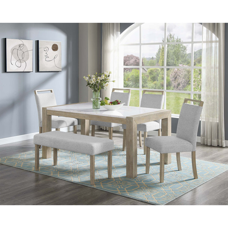 Table de salle à manger 6 pièces en marbre de style contemporain avec banc et chaises