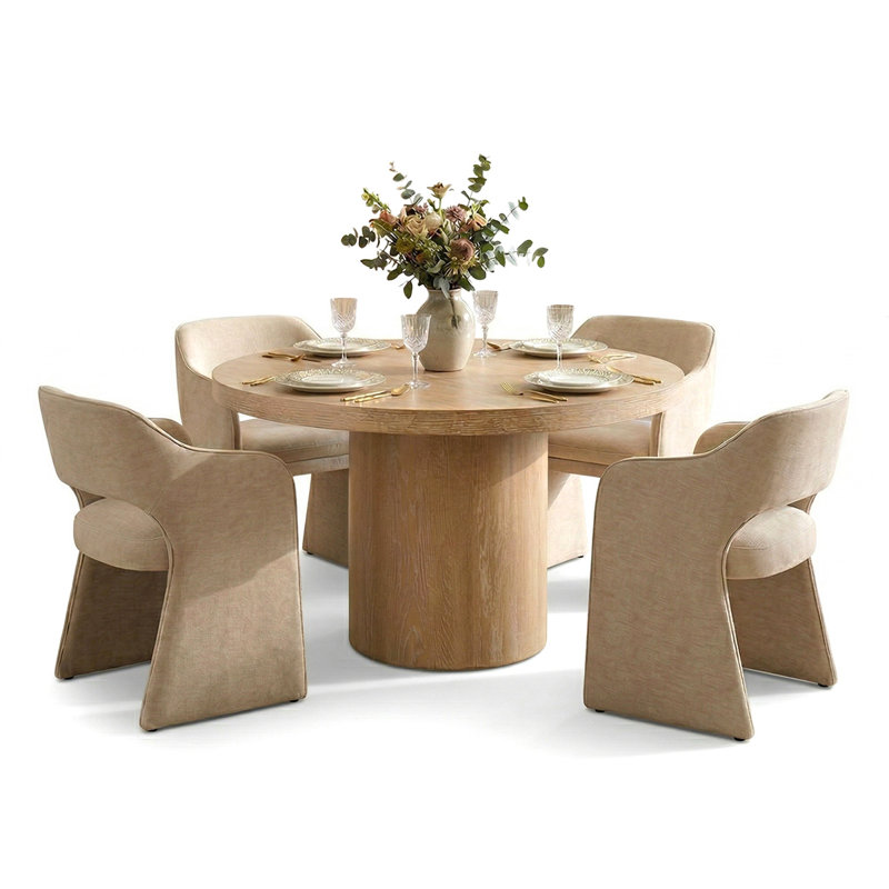 4 - Person Dining Table Sets With Solid Wood Round Table & 4 Upholstered Chenille Chairs, Brie, Yellow