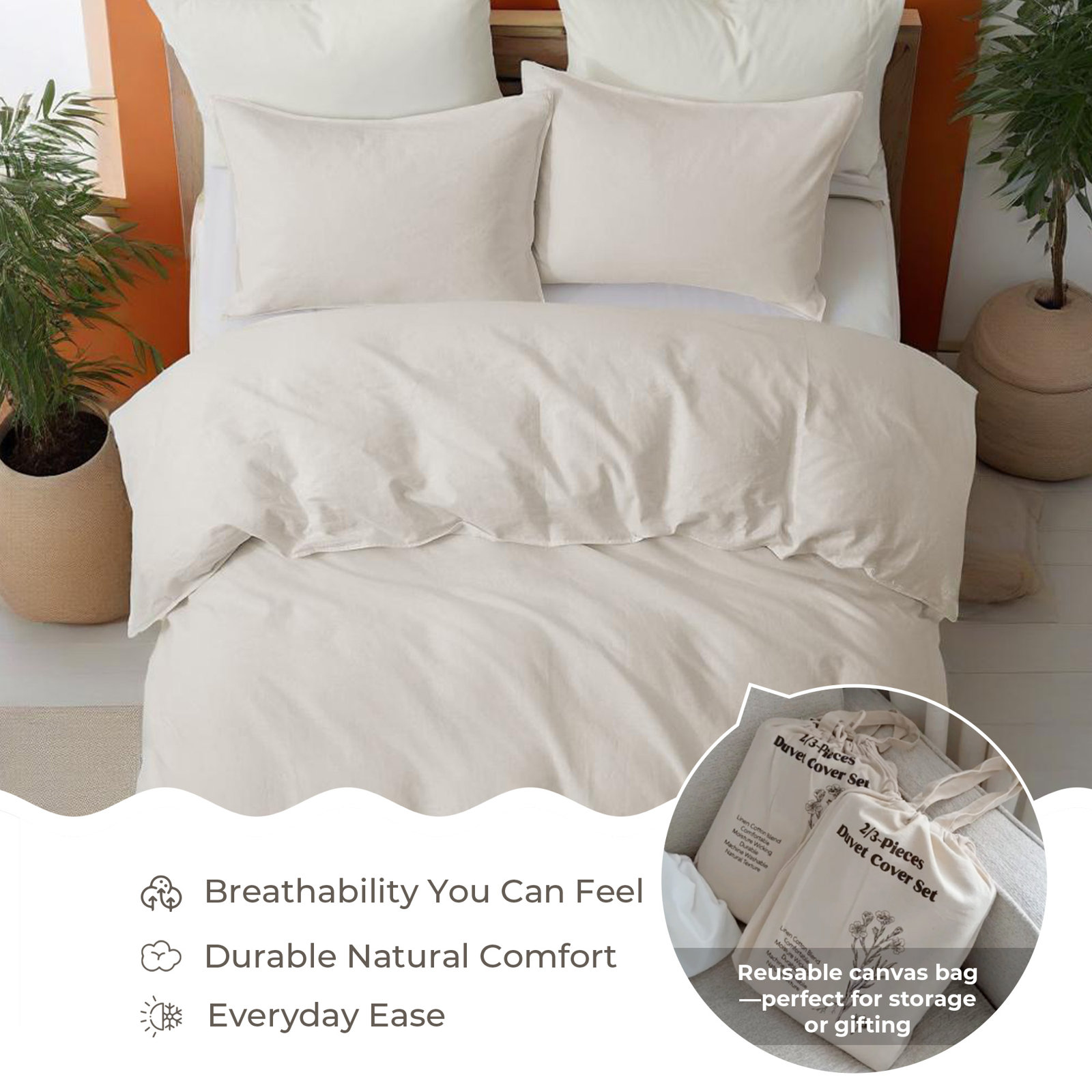 Boseman Linen Duvet Cover Set, Twin Duvet Cover + 1 Standard Pillowcase, Beige