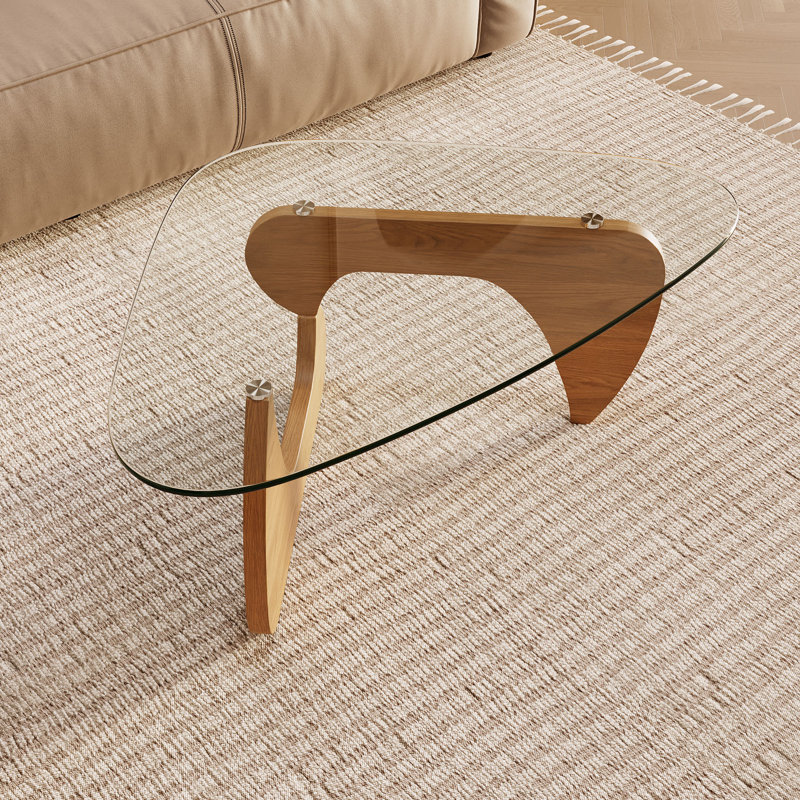 Table basse triangulaire en bois naturel avec plateau en verre trempé de 42,5 po x 28,5 po x 16,1 po pour le salon / la chambre à coucher / le bureau