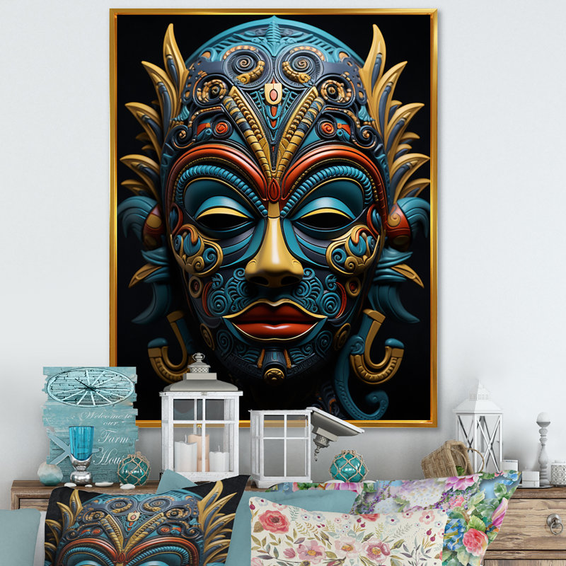 «Jeimi African Masked Splendor II», art mural africain, H 40 po x l 30 po, Cadre flottant doré