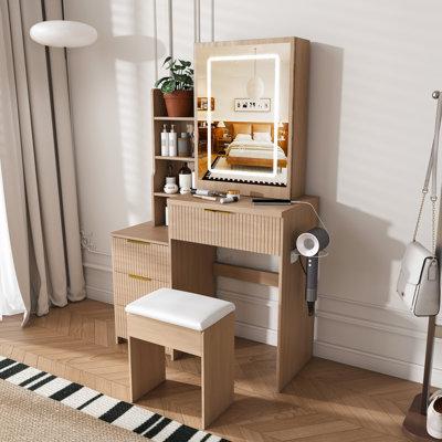Bureau de coiffeuse à miroir à DEL avec support pour sèche-cheveux, prise de courant et fauteuil