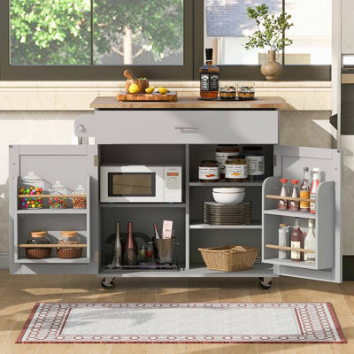 Îlot de cuisine roulant avec rangement, chariot de cuisine avec plateau en bois d'hévéa, tiroir spacieux avec cloison et support de rangement interne, îlot de cuisine sur roulettes avec support de tour réglable