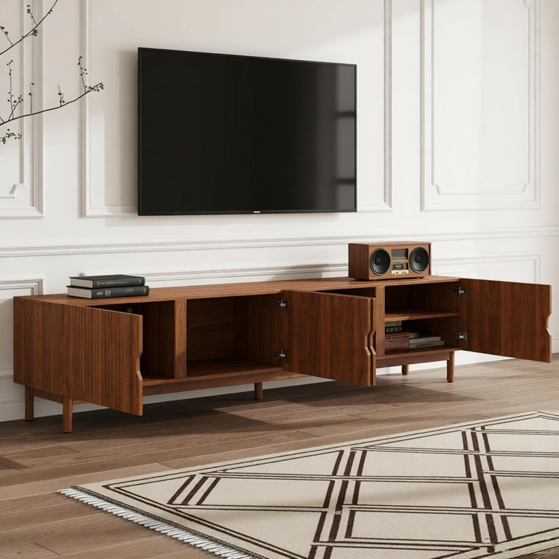 87- Inch Tv Stand For Tvs Up To 90 Inches, Media Console With 4 Cabinets, Solid Wood Legs,vertical Groove Panel , For Living Room, Modern Entertainment Center
