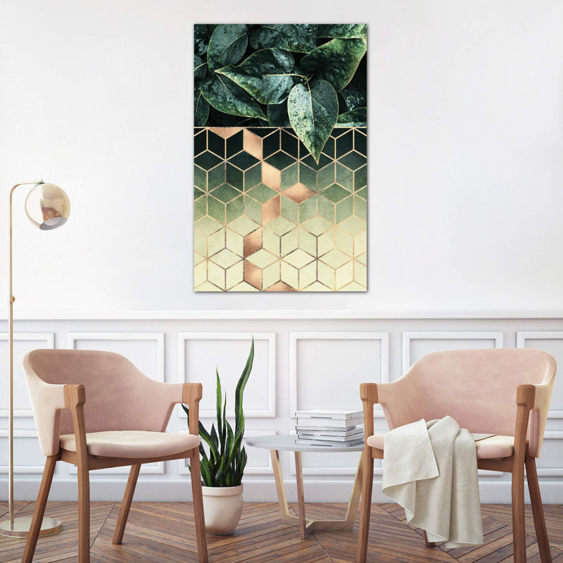Leaves And Cubes II by Elisabeth Fredriksson - Print on Canvas, Brown Floater Framed, 152.5 cm H x 101.5 cm W