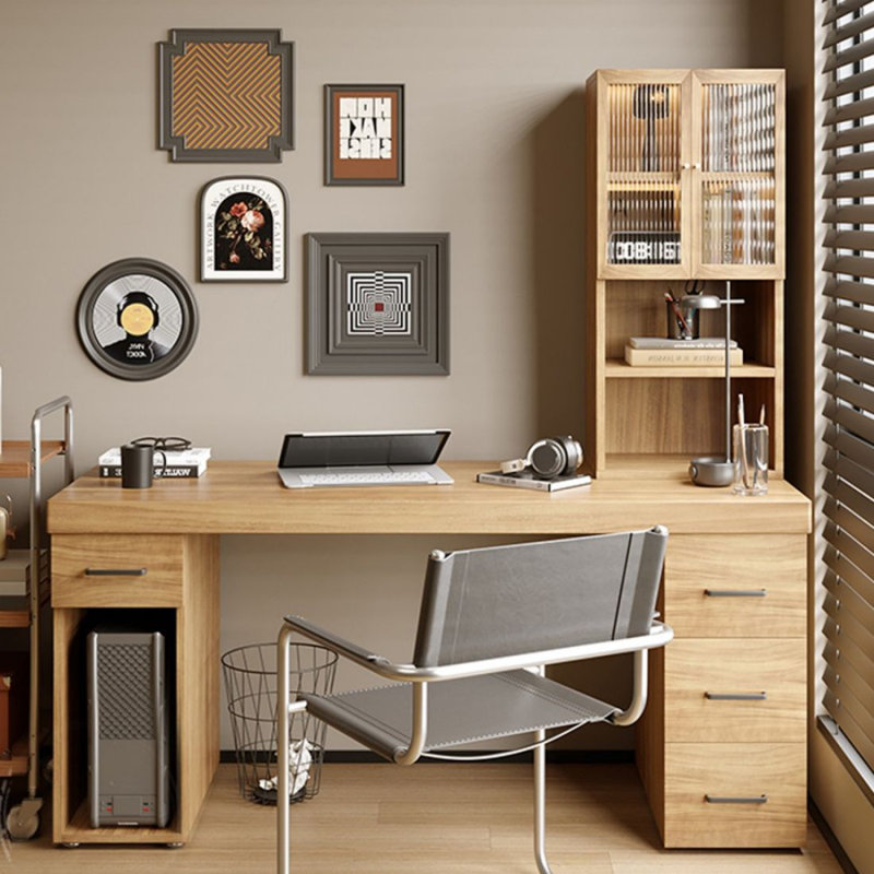 Bureau de direction en bois massif avec tiroirs Burlywood, Retour à droite, 84.7" H  x 70.9" W  x 23.6" D