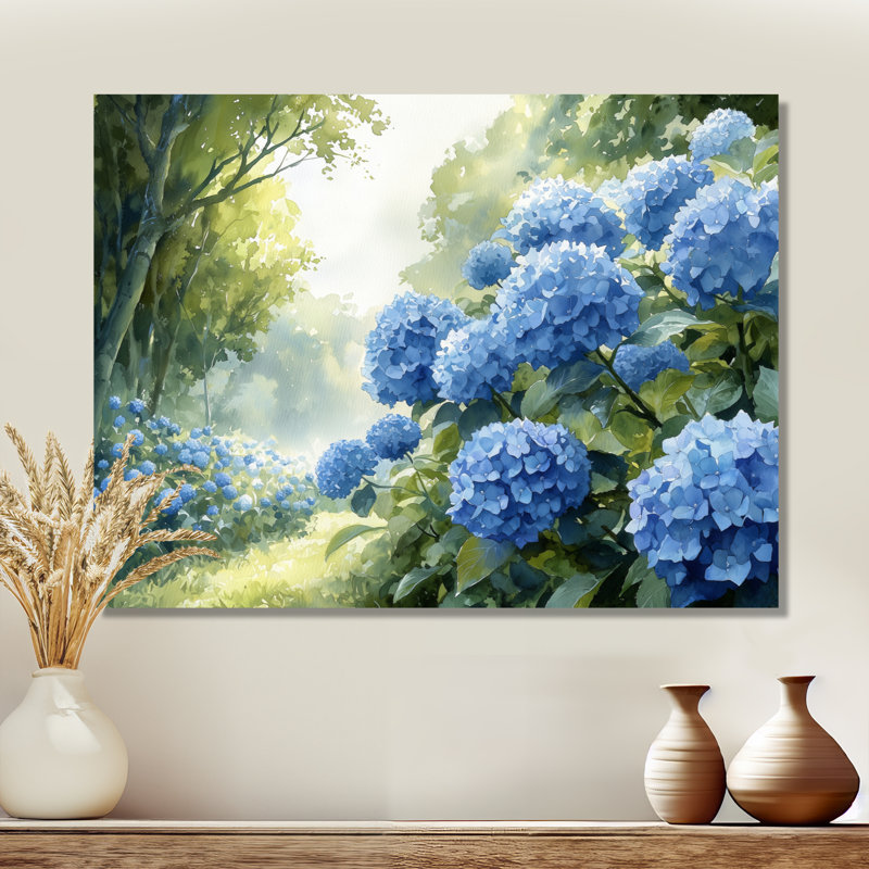 Hortensias dans le verger - hydrangées, art mural, H 12 po x l 20 po, Toile tendue, Ne s’applique pas