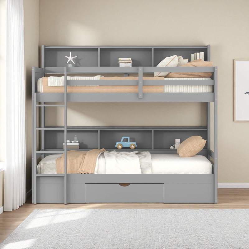 Lit superposé simple avec tablettes intégrées à côté des lits supérieur et inférieur et tiroir de rangement, Gris