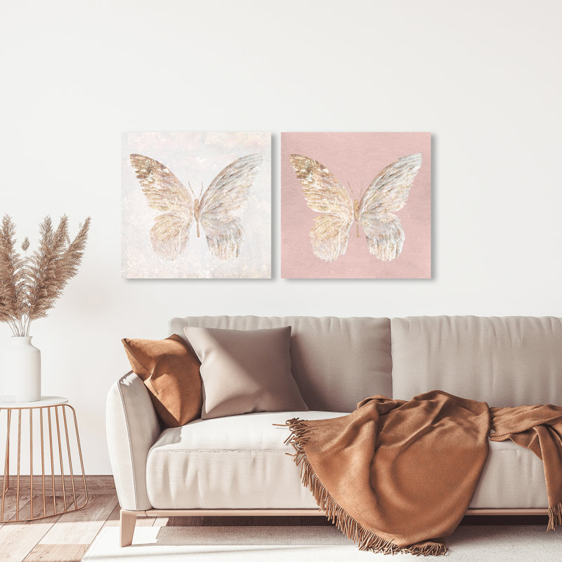 Gold and Pink Butterfly Canvas Wall Art Set, 24 x 36 Inches