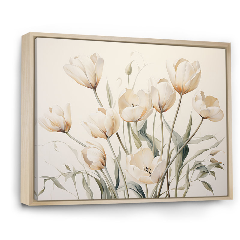 Symphonie de tulipes embellies beiges sur toile, Cadre naturel flottant, H 34 po x l 44 po