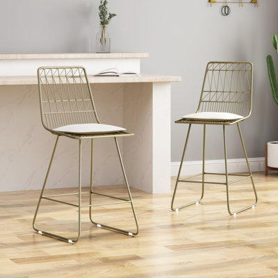 Stylish Counter Stools In Beige, Iron Made With Cushion - 2 Chic Pair   Of 2 , Powder-Coated Frame, Water- Fabric, 43.04" H, 26.25" Seat H
