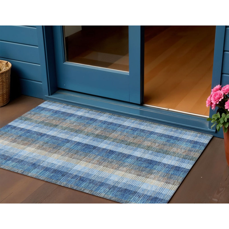 Tapis intérieur lavable à carreaux bleu ciel et beige 3 pi x 5 pi