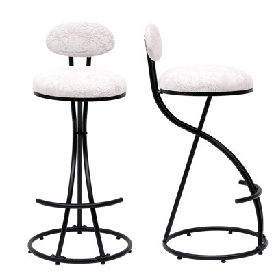 2Pcs White Floral Print Kitchen Island Stools - Black Metal Frame For Dining Rooms Round Counter With Upholstered Seat