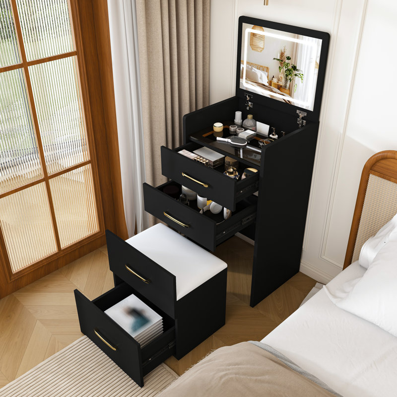 Meuble-lavabo compact 3 en 1 avec miroir rabattable, bureau en verre et tabouret de rangement - Coiffeuse moderne noire