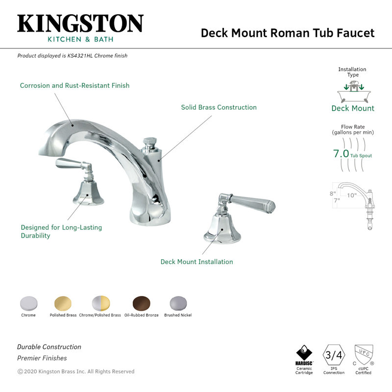 Kingston Brass Roman Two-Handle 3-Hole Deck Mount Roman Tub Faucet, Oil Rubbed Bronze