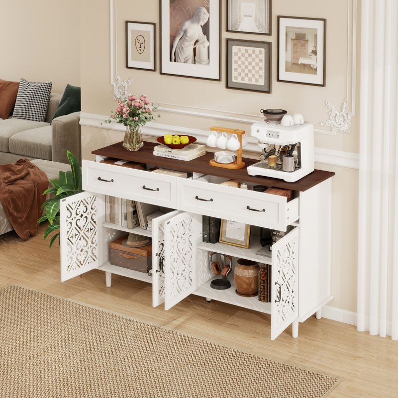Vintage Sideboard Buffet Cabinet With Hand-Carved Geometric Doors, Distressed Light Wood Finish, And Ample Storage For Dining Essentials