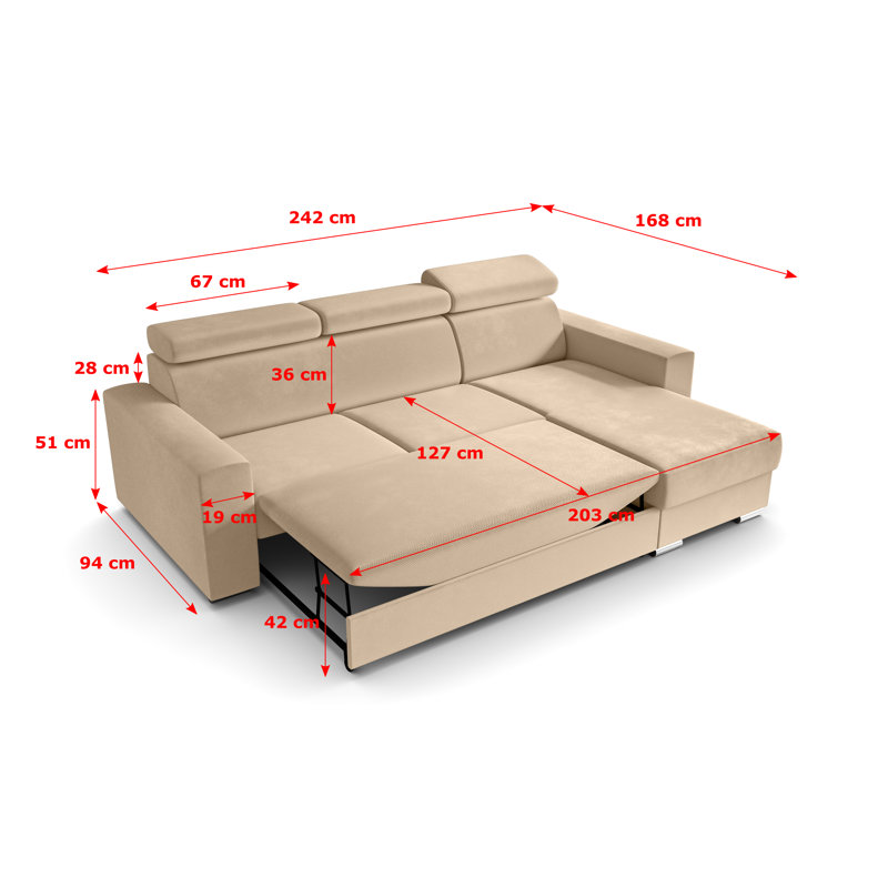 Philbert Corner Sofa Bed, Beige Polyester, Right Hand Facing