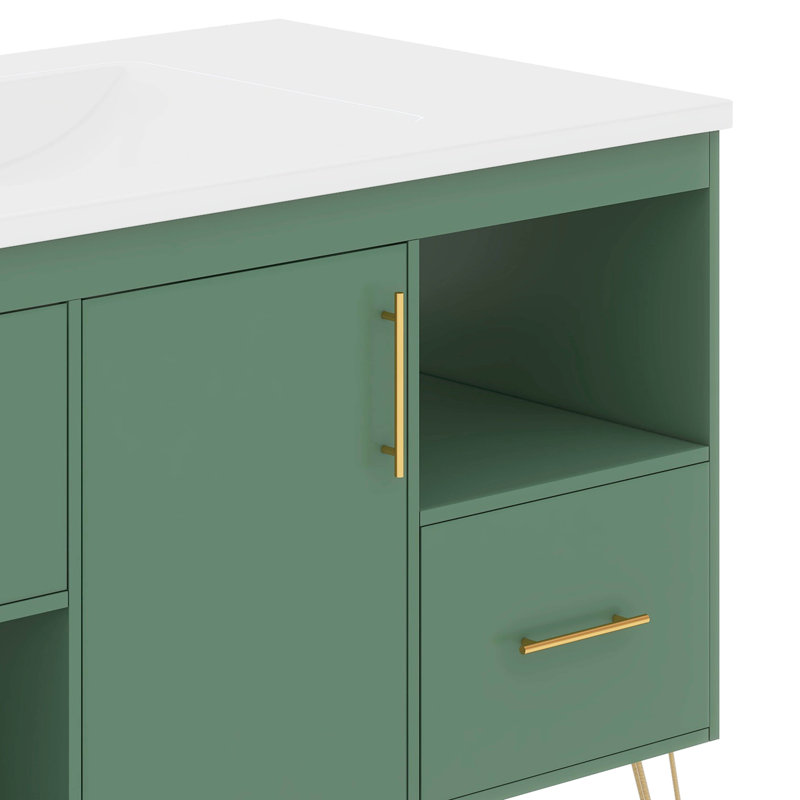Meuble-lavabo autoportant moderne 36 po avec 2 tiroirs et compartiments de rangement ouverts