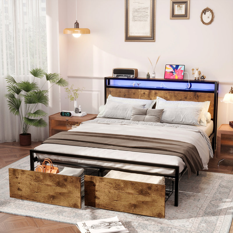 Full/Queen Size Bed Frame With Storage Drawers, USB Charging Station, LED Headboard, And Metal Support Legs, In Brown Finish