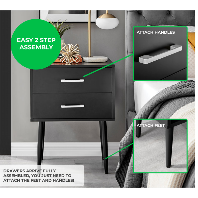 Wood Bedside Table 2 Drawers Metal Handles - Modern Design, Black/Silver