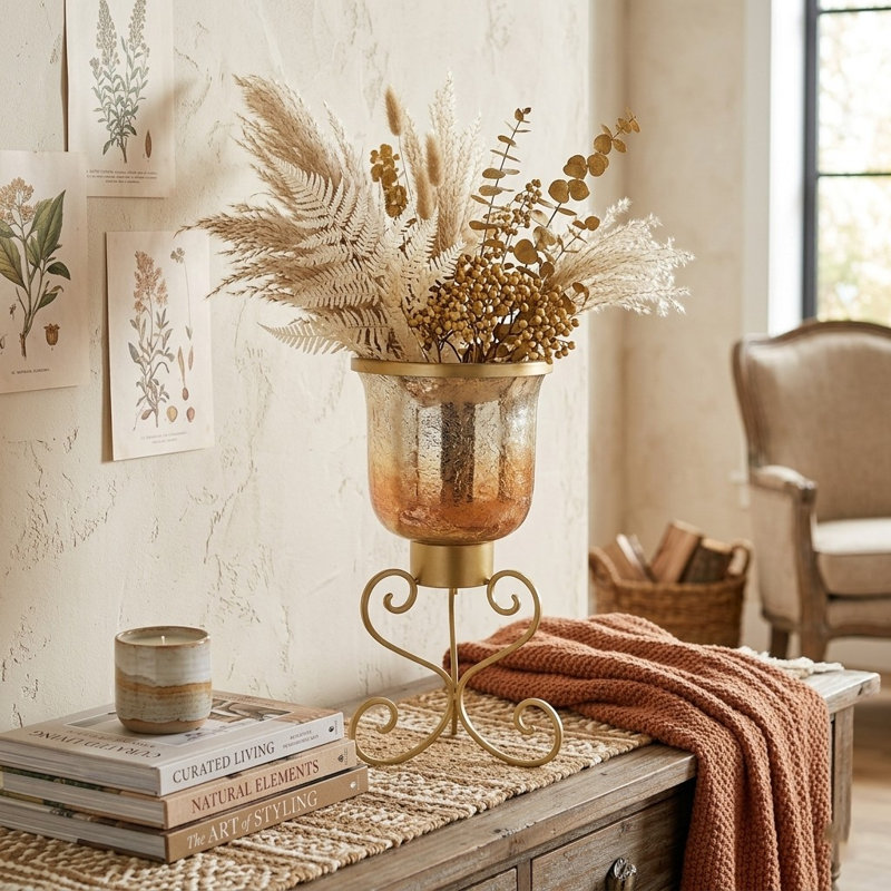 20.5" Metal And Glass Hurricane With Scroll Metal Stand Centerpiece, Gold