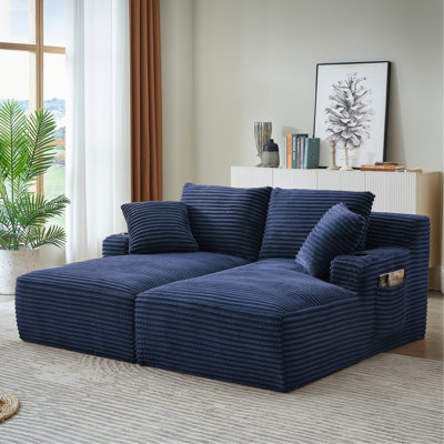 Double méridienne compressible en velours côtelé 2 places avec rembourrage à ressorts et porte-gobelets pour le salon
