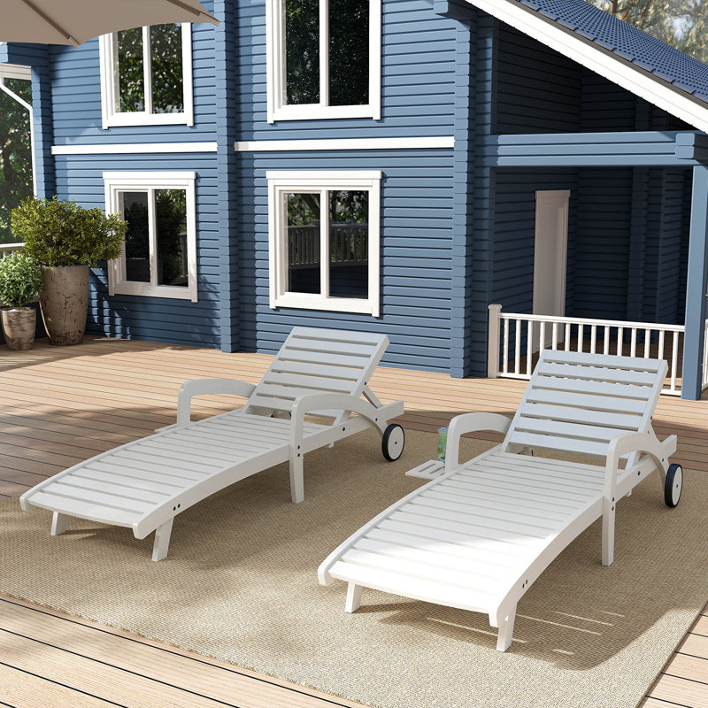 Outdoor Solid Wood Lounge Chair With Wheels, Adjustable Reclining Angle Single Beach Chair For Patio/Seaside/Pool (Set Of 2)