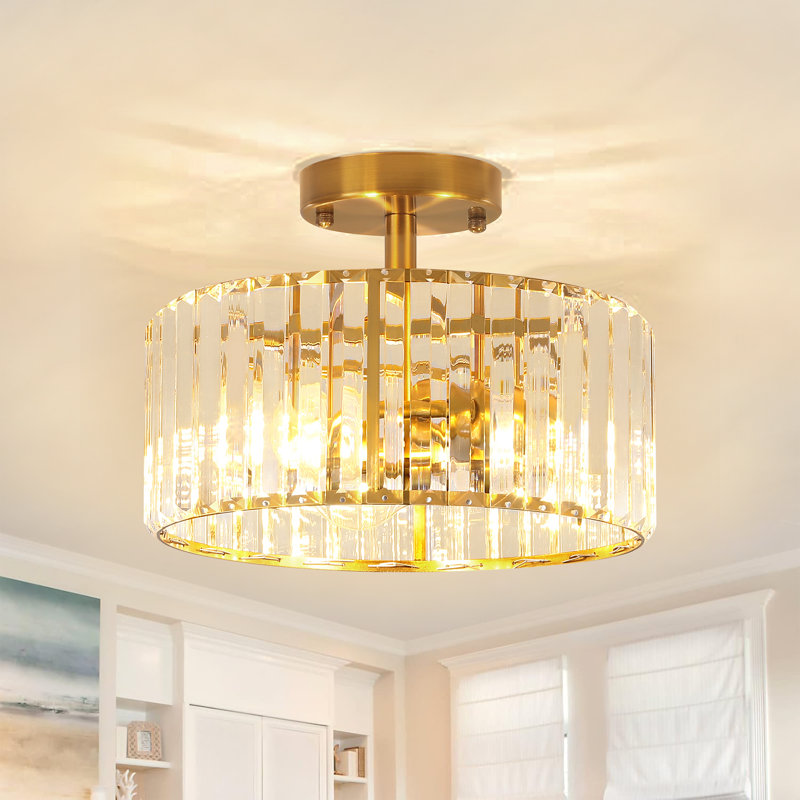 11" Gold and Crystal Drum Semi Flush Mount Ceiling Light Fixture