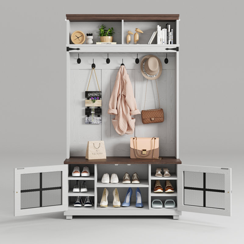 39.8" Wide Hall Tree With Bench And Shoe Storage, Entryway Bench With Diamond Wire Mesh Design, Coat Rack Shoe Bench For Hallway