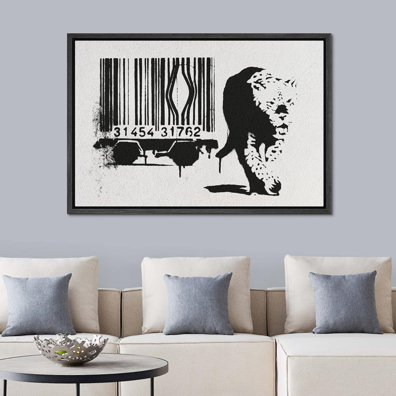 Banksy, code à barres et léopard, H 24 po x l 36 po x P 1,5 po, Cadre flottant noir