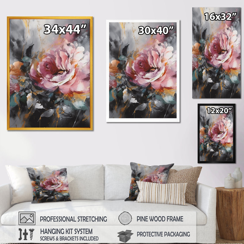 Roses roses romantiques - imprimé, Cadre photo noir, H 20 po x l 12 po x P 1 po