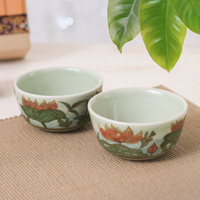 Red Barrel Studio® Handmade Lotus Flower Delight Celadon Ceramic Dessert Bowls (Pair)