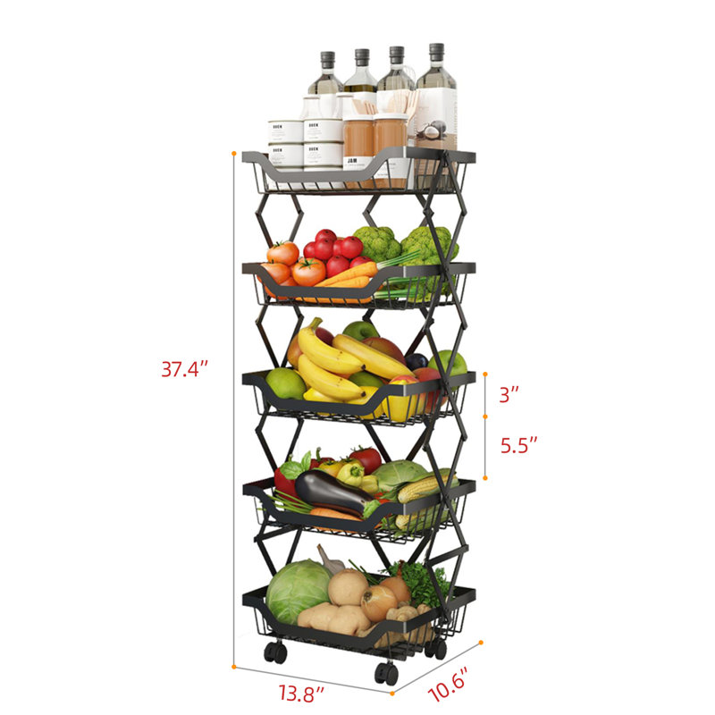 5-Tier 37'' H x 13.8'' W Utility Cart Metal Foldable Storage Rack with Wheels - No Installation Required, 5 Shelves