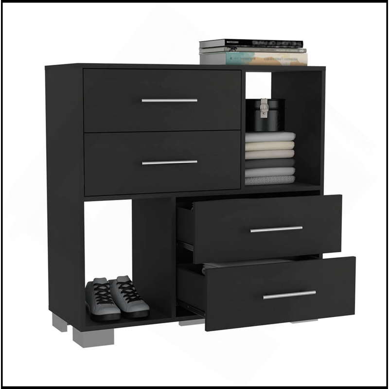Commode Krista, deux tablettes ouvertes, quatre tiroirs - noir