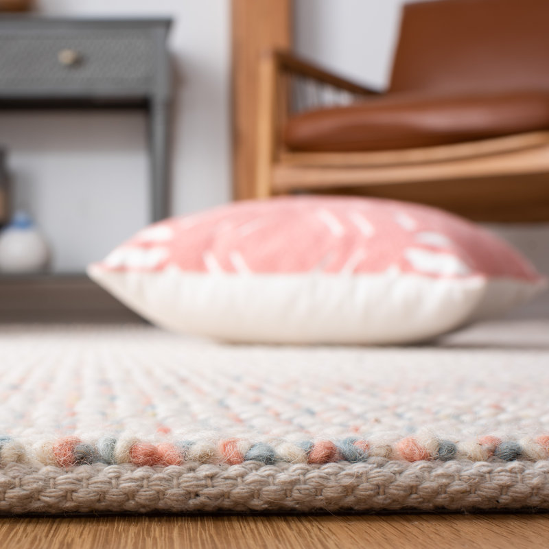 Handwoven Ivory and Pink Square Wool Rug, 6' x 6'