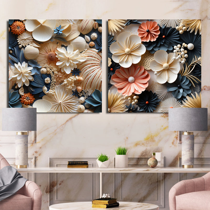 Rondeau - Ensemble de 2 collages carrés floraux, Toile tendue, H 30 po x l 61 po