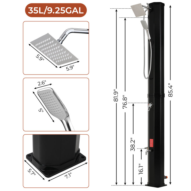 9.3 Gallon Solar Heated Shower, 7.1ft Height Outdoor Pvc Freestanding Shower With 360 Rotating Rainfall, Handheld Head, Temperature Adjustment & Foot Faucet, For Poolside Backyard, Beach, Black