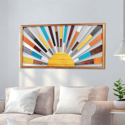Large Framed Boho Sun Wooden Wall Art Rainbow Sun Rising On Horizon 16x32 Inch Geometric Sunshine For Living Room Bedroom And Office