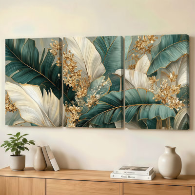 Modern Emerald and Gold Tropical Leaf Canvas Wall Art Set of 3 30*20 inch- Living Room Decor