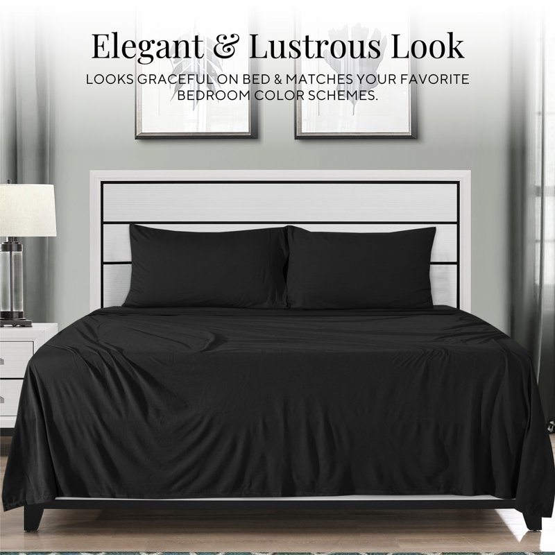 Jersey Knit Full Size Sheets 4pc|100% T-Shirt Cotton Breathable Jersey Sheets Set| All Season , Black, Full/Double, Black