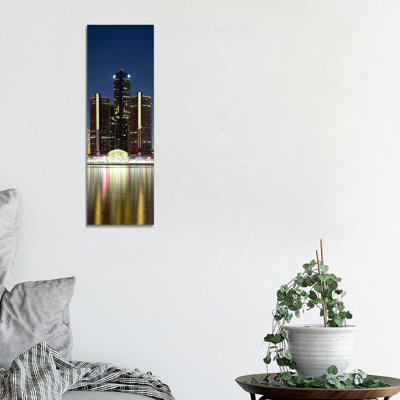 Skyscrapers Lit Up at Dusk, Renaissance Center, Detroit River, Detroit, Michigan, USA 1 Piece Wrapped Canvas Panoramic Wall Art