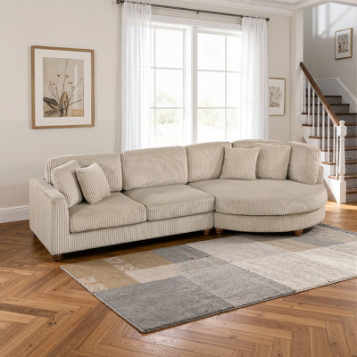 Modern 2-piece Sectional With Round Chaise & 4 Pillows, Corduroy Fabric