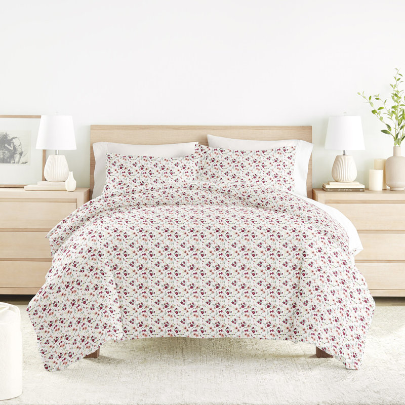 Ensemble de housse de couette en microfibre à motif de literie ultra douce en fleurs, Rose