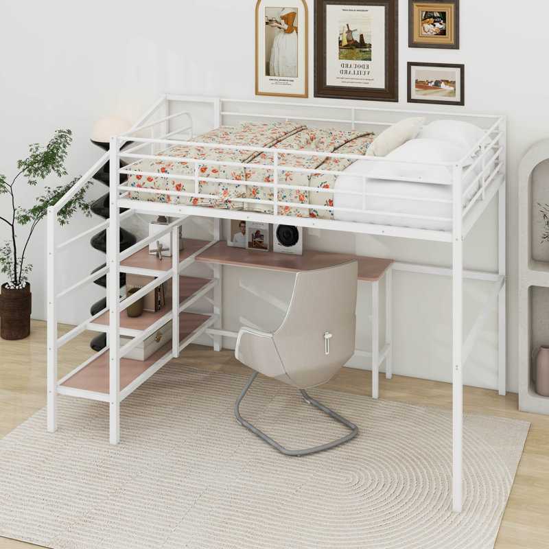 Lit mezzanine double en métal avec bureau, échelle de rangement latérale, Blanc