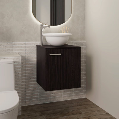 Floating,  Wide One-Door Cabinet Vanity, With Wessel Sink And One Shelf, Bathroom Storage, Black