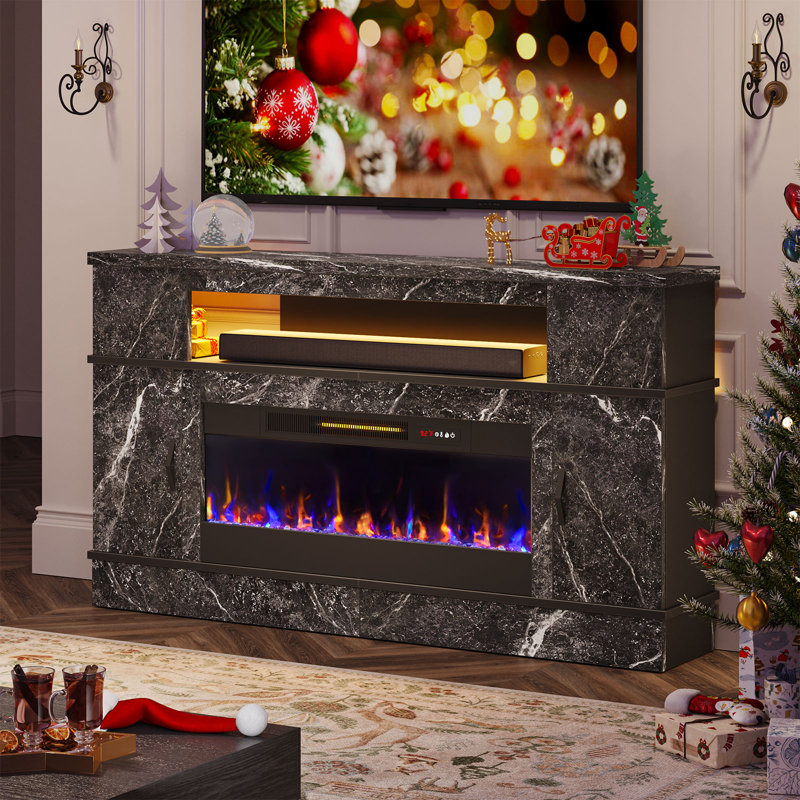 Benigno 63" W Tall Fireplace TV Stand for TVs up to 70" with Electric Fireplace and Sound Bar Shelf, Black