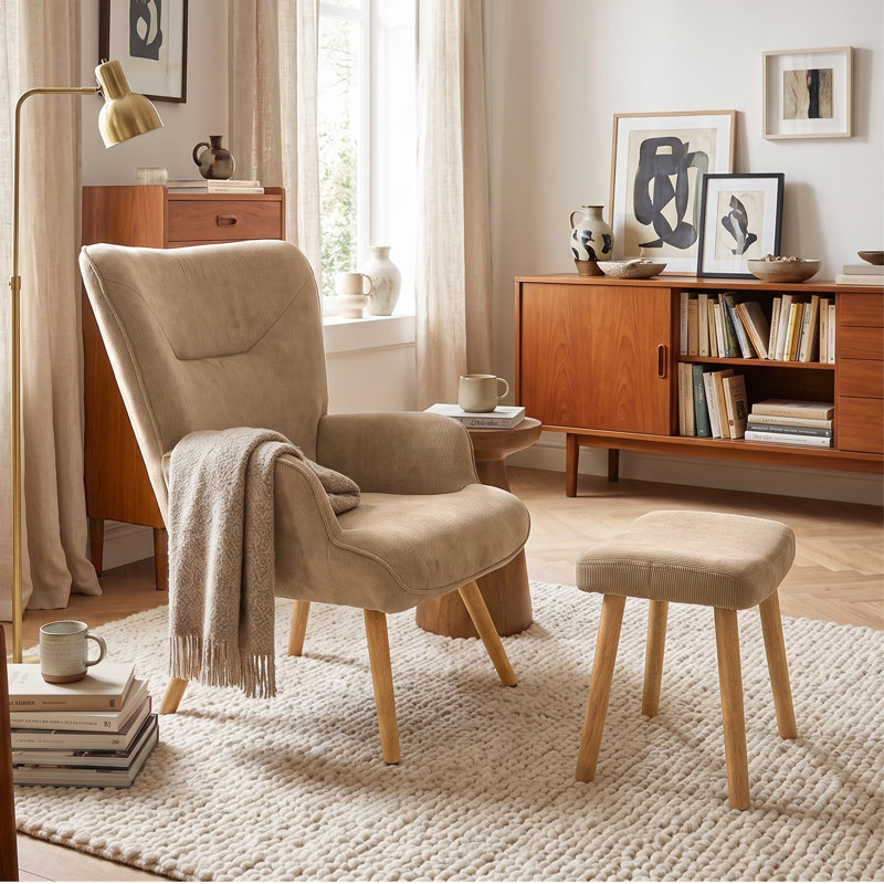 Upholstered With Footstool Armchair, Camel Corduroy