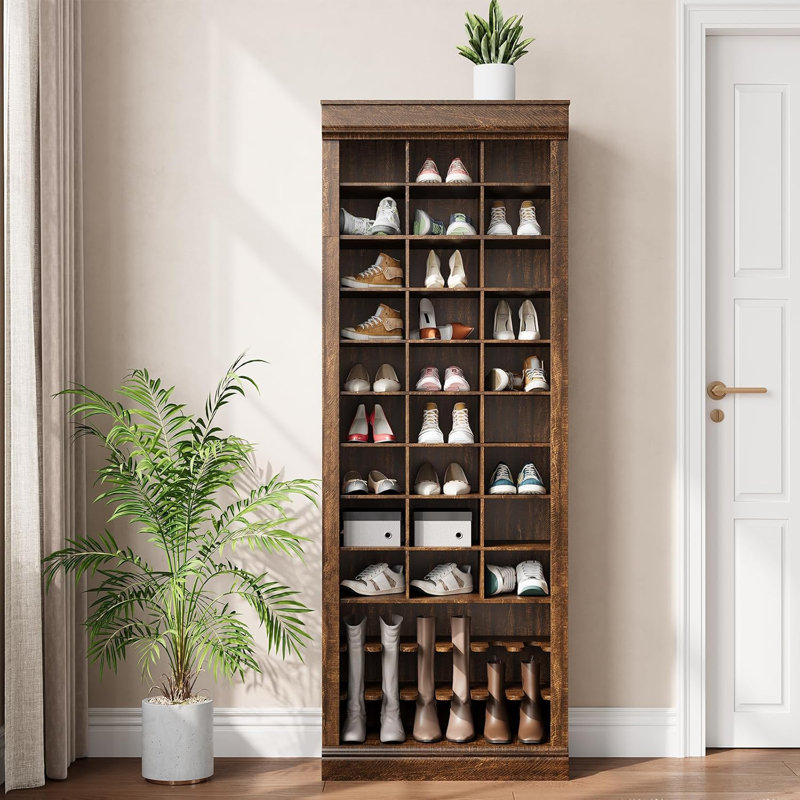 10-Tier Wood Shoe Rack Cabinet - Freestanding Storage Unit with Compartments for Entry Area, Hallway or Utility Space